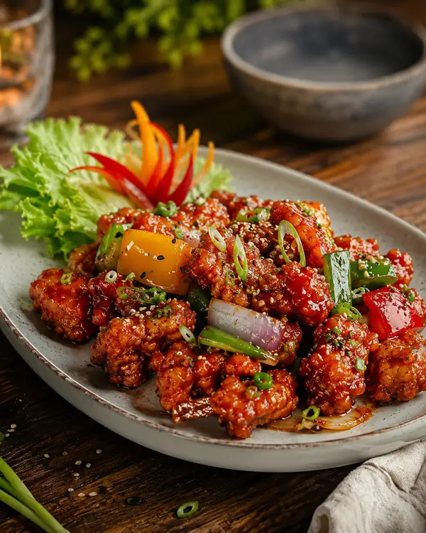 Chicken 666 — red chilli chicken, plated