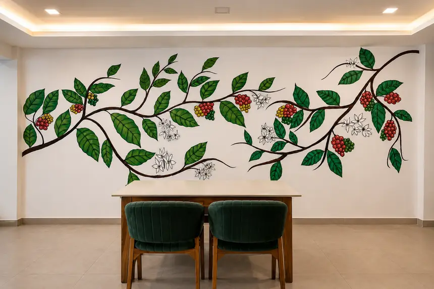 A botanical leaf mural along the wall
