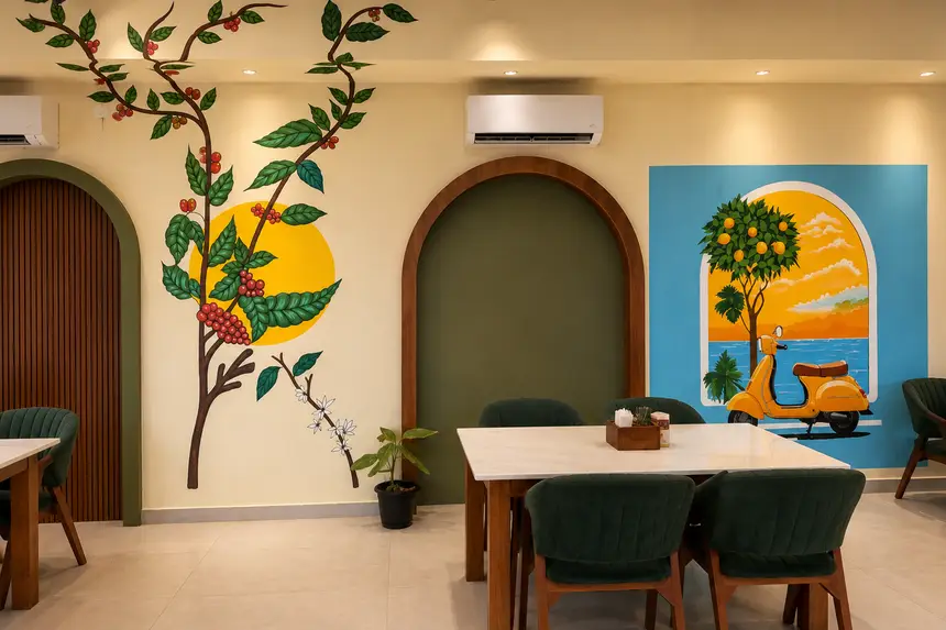 An arched alcove framed with colourful art