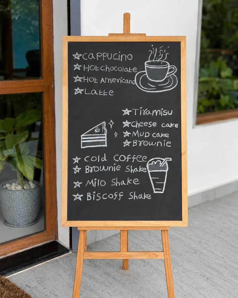 Café 66's handwritten chalkboard menu of coffees, cakes and shakes