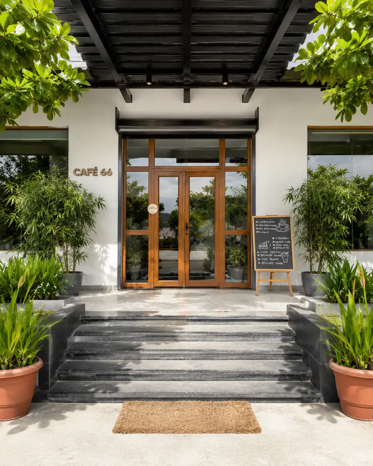 The Café 66 storefront entrance, with potted plants and a chalkboard